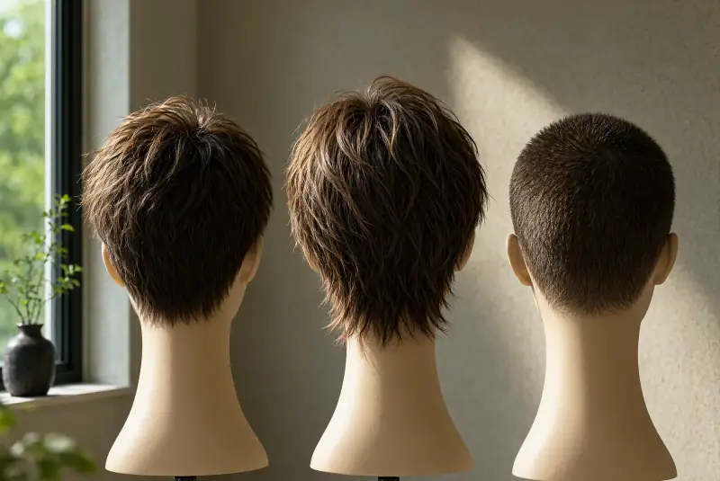 Bir salonda arkadan görünen üç manken başında dokulu pixie, daha uzun bixie ve düzenli buzz cut kesimleri