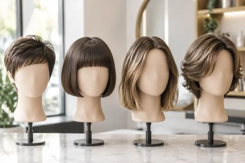 Kuaför salonunda pixie, küt bob, lob ve kısa katlı kelebek kesimi gösteren yüzsüz manken başları