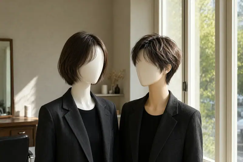 Kuaför stüdyosunda biri ince perde kahküllü bob, diğeri yan ve parçalı kahküllü pixie kesimle şekillendirilmiş iki kısa saç modeli.